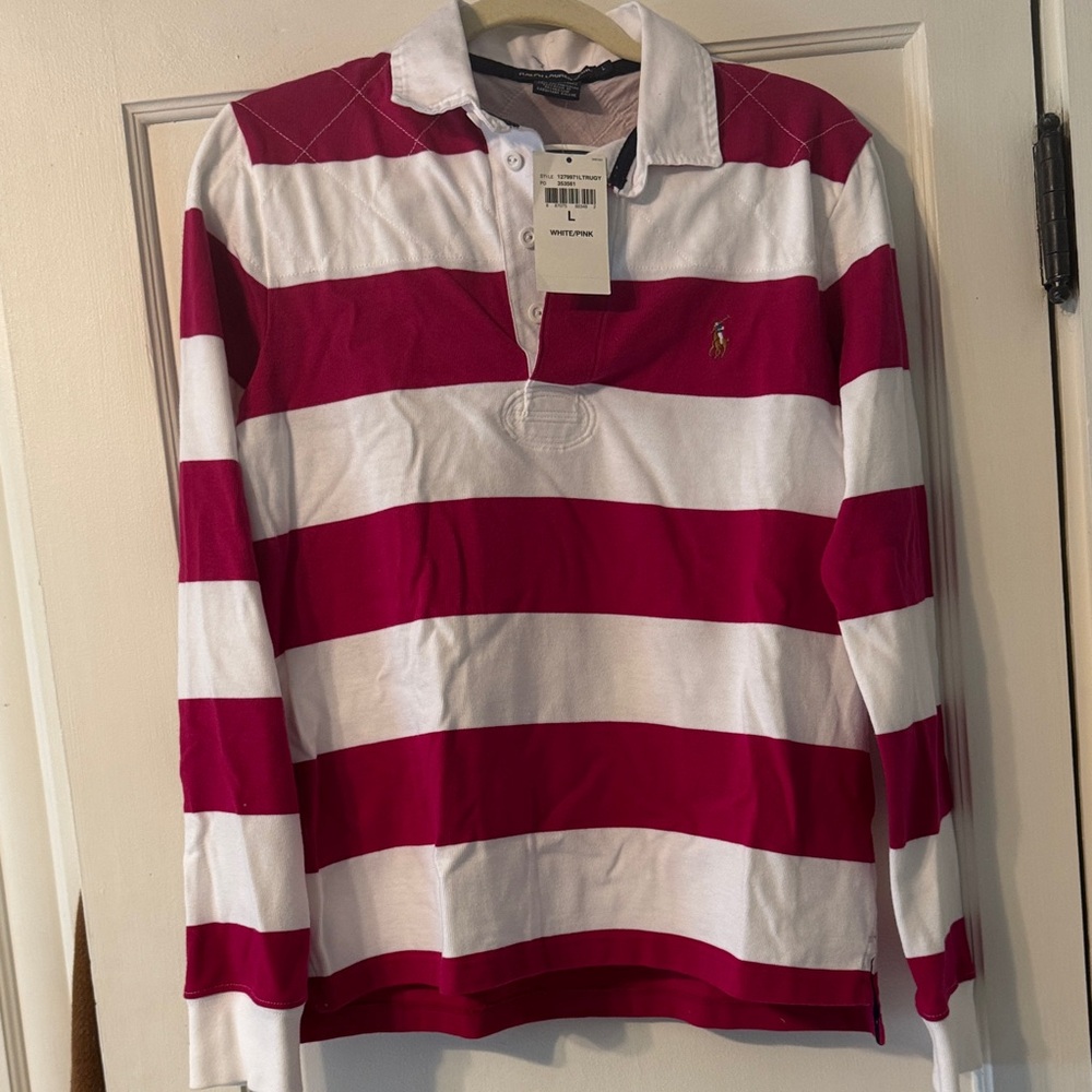 Ralph Lauren Magenta and White Striped Polo